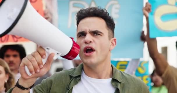 Uomo Attivista Megafono Gridare Protestare Diritti Civili Umani Empowerment Discorso — Video Stock