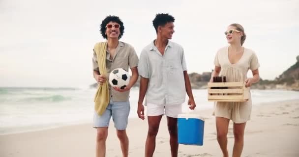 Vrienden Wandelen Praten Zee Vakantie Picknicken Samen Avontuur Aan Kust — Stockvideo