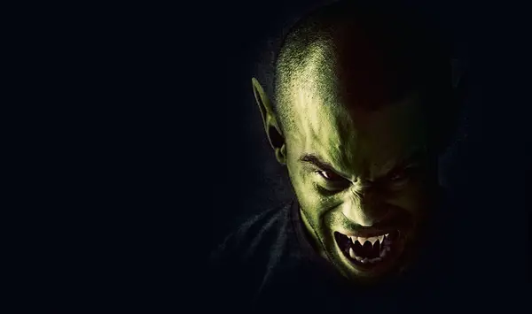Monster Man Devil Face Studio Fantasy Horror Angry Vampire Fangs — Stock Photo, Image