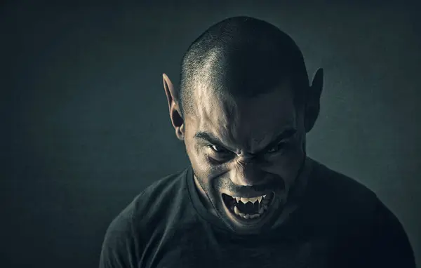 Monster Man Face Horror Studio Fantasy Demon Angry Vampire Fangs — Stock Photo, Image