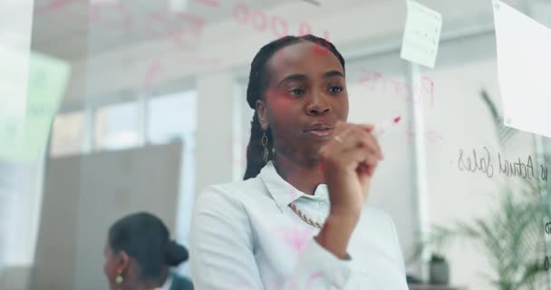 Kadını Yazı Tahtası Ofiste Notlar Çözüm Proje Yönetimi Hedefleri Yerinde — Stok video
