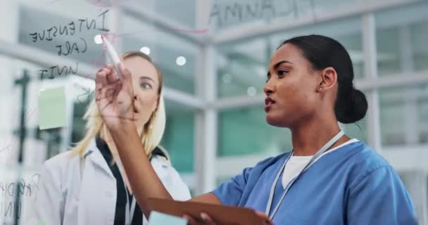Ärzte Teamarbeit Und Planung Auf Glasplatten Für Medizinische Lösungen Brainstorming — Stockvideo