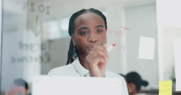 Yazı Cam Kadını Planlama Beyin Fırtınası Fikirleri Problem Çözme Notları — Stok video