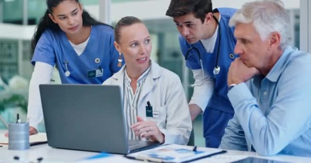 Grupa Praca Zespołowa Medyczna Laptopem Rozmowa Czytanie Online Badań Szpitala — Wideo stockowe
