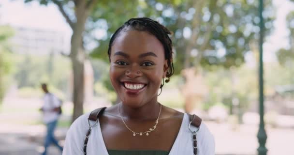 Student Lächeln Und Gesicht Einer Schwarzen Frau Mit Büchern Park — Stockvideo