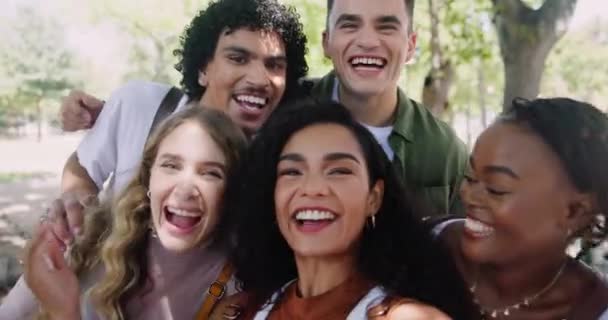 Studenti Skupina Selfie Mírovým Znamením Tvář Šťastný Spolu Univerzitě Hloupé — Stock video