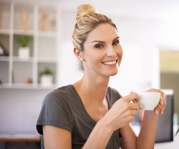 Business woman, happy and coffee cup in office for break with career planning or project startup. Face or portrait of a worker, editor or writer with tea, espresso or morning drink for inspiration.