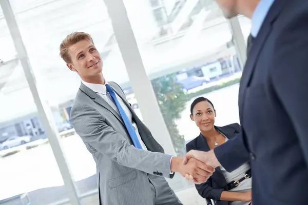 Shaking Hands Partnership Business Men Office Agreement Deal Collaboration Smile — Stock Photo, Image