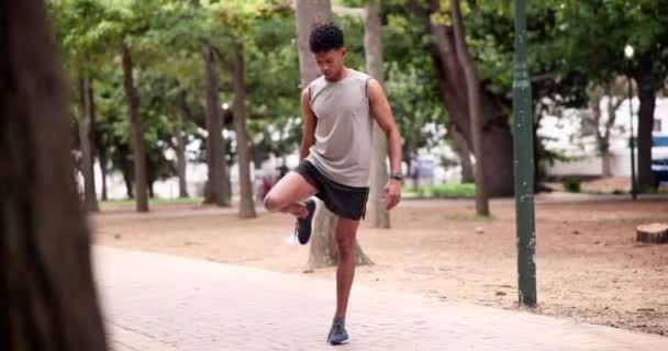 Спорт Парк Бегун Растяжения Ног Фитнес Тренировки Оздоровительные Физические Упражнения — стоковое видео