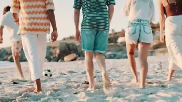 Друзья Группа Пляж Прогулки Мячом Отдых Расслабления Связи Изучения Летом — стоковое видео