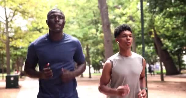 Fitness Koşu Erkekler Sabah Antrenmanı Için Ormanda Kulaklıklarla Birlikte Spor — Stok video