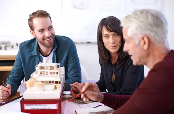 Architects Collaboration Smile Building Model Design Development Colleagues Remodeling Construction — Stock Photo, Image