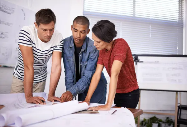 Group Planning Architects Blueprint Construction Discussion Serious Creative Startup Collaboration — Stock Photo, Image