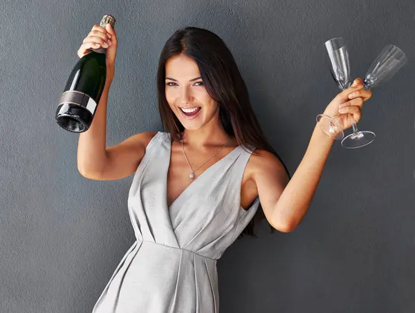 Woman Portrait Champagne Excited Celebration Drink Party Event Alcohol Confidence — Stock Photo, Image