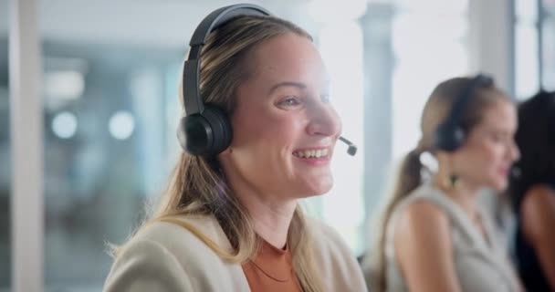 Professionell Kvinna Ansikte Och Callcenter För Kundsupport Kommunikation Och Handel — Stockvideo