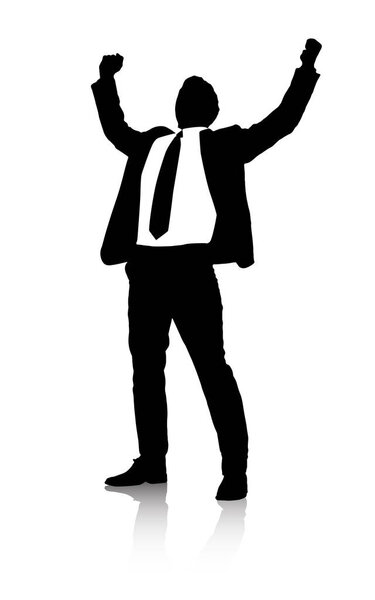 Silhouette, businessman and celebration by white background for success and promotion in corporate career. Entrepreneur, victory and excited for startup growth or sales and illustration of winning.