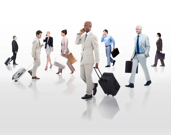 Suitcase, phone call and business people in white background, walking and professional with luggage for work. Employees, men and women rushing to trip, connecting and communicating with mobile.