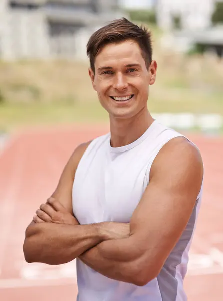 Athlete Portrait Happy Fitness Stadium Commitment Wellness Sprinting Professional American — Stock Photo, Image