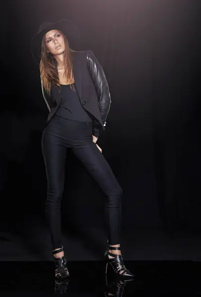 Classic Fashion Thinking Young Woman Studio Black Background Flare Classy — Stock Photo, Image
