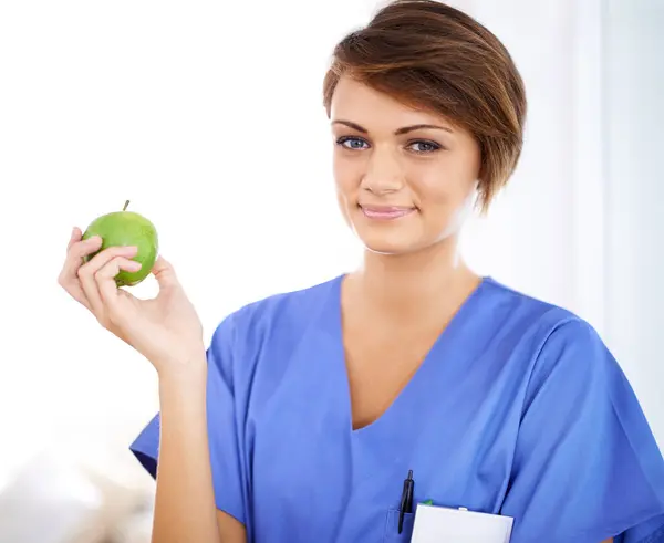 Woman Nurse Smile Portrait Apple Medical Office Nutrition Healthy Food — Stock Photo, Image