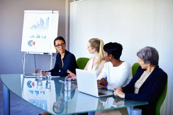 Reunião Pesquisa Mulheres Negócios Com Estatísticas Discussão Conversação Colaboração Trabalho — Fotografia de Stock