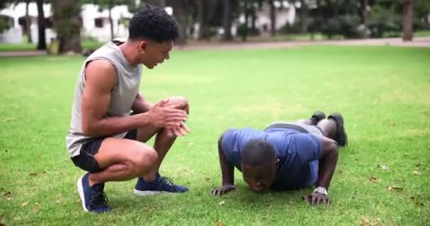 Şınav Çekmek Egzersiz Yapmak Sahada Erkek Kişisel Antrenörlerle Birlikte Spor — Stok video