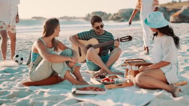 Przyjaciele Piknik Plaży Gitara Śpiewania Zabawy Świeżym Powietrzu Zjazd Ludzi — Wideo stockowe