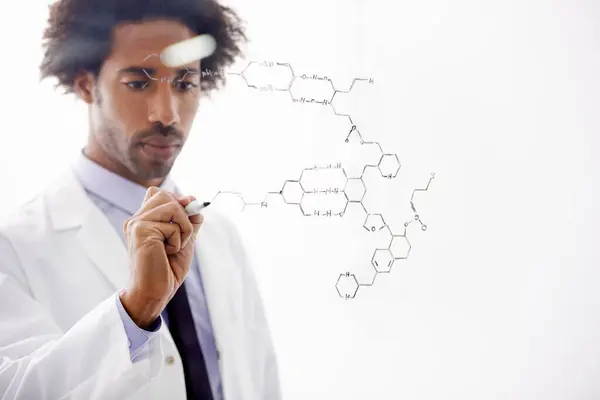 Scientist Man Writing Glass Chemistry Vaccine Data Formula Brainstorming Pharmaceutical — Stock Photo, Image