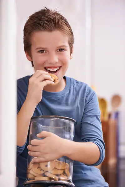 Eating Cookies Portrait Child Home Glass Container Happy Jar Sweets — Stock Photo, Image