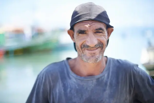 Visser Portret Stoere Man Met Glimlach Haven Rimpels Van Blootstelling — Stockfoto