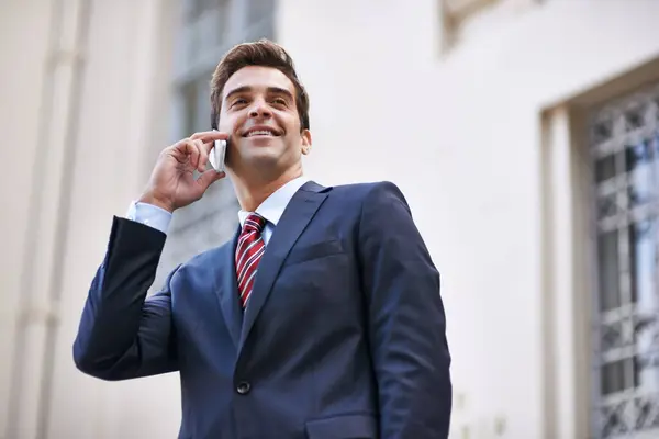 Phone call, happy and business man in city for Corporate, communication and contact. Networking, technology and conversation with male employee in outdoors for feedback, planning and consulting chat.