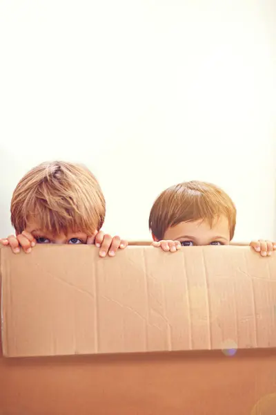 Κουτί Παιδιά Και Μάτια Των Αδελφών Που Παίζουν Ένα Σπίτι — Φωτογραφία Αρχείου