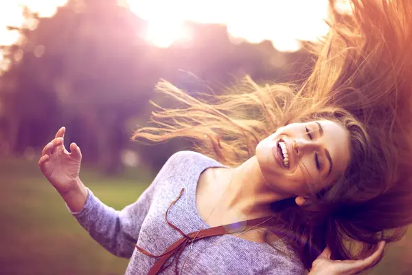 Smile Dance Hair Nature Happy Woman Person Freedom Excited Park — Stock Photo, Image