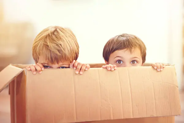 Παιδιά Κουτί Και Μάτια Των Αδελφών Που Παίζουν Ένα Σπίτι — Φωτογραφία Αρχείου