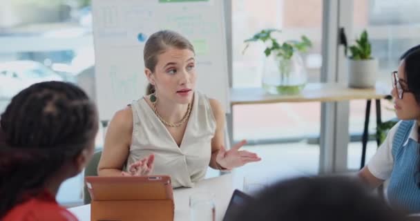 Reunión Colaboración Mujeres Negocios Oficina Discusión Planificación Lluvia Ideas Conversación — Vídeo de stock