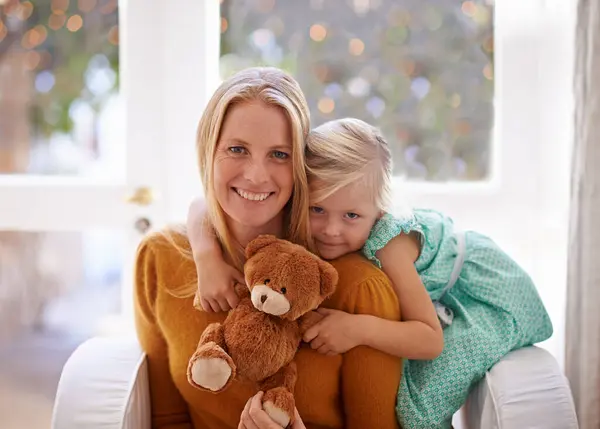 Happy Mama Portrait Hug Child Teddy Bear Love Care Support — Stock Photo, Image