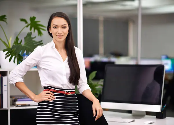 Portrait Computer Screen Businesswoman Confidence Office Technology Productivity Happy Face — Stock Photo, Image