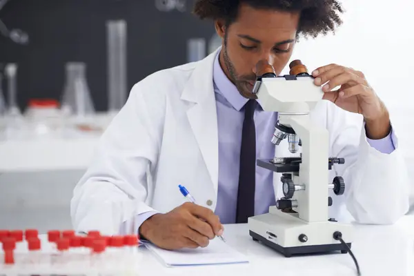 Research, microscope and man scientist writing in notebook in office for medical, experiment or inspection. Science, healthcare and African health expert with virus study, testing or dna analysis.