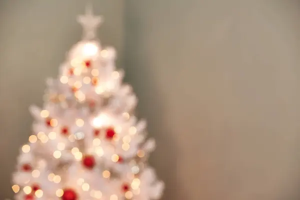 Christmas, tree and decorations in living room with blur, holiday or preparation for festive season. Morning, bokeh and tradition for celebration, xmas and December winter vacation in apartment.