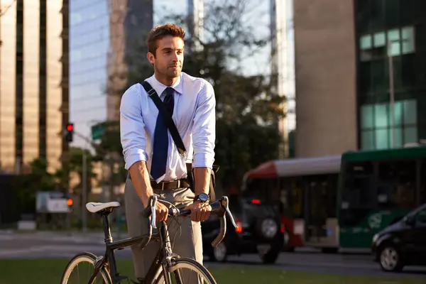 Bicicleta Ciudad Hombre Negocios Para Los Viajes Viaje Mañana Viaje — Foto de Stock
