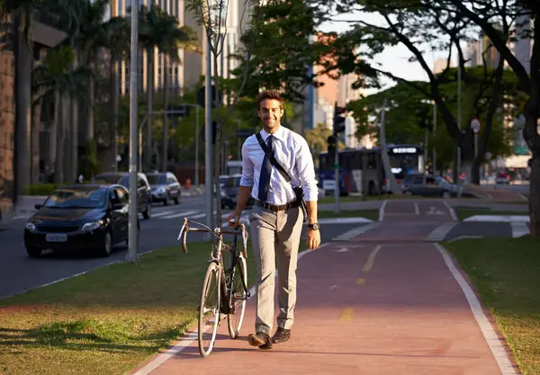 Bicycle City Portrait Happy Businessman Travel Morning Commute Walking Work — Stock Photo, Image