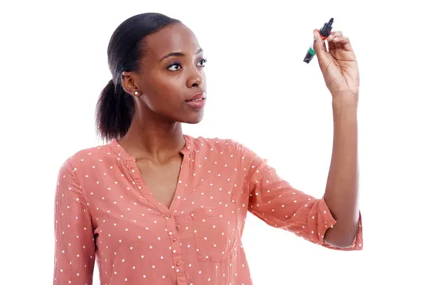 Marker Black Woman Hand Writing Presentation Promotion Isolated White Background — Stock Photo, Image