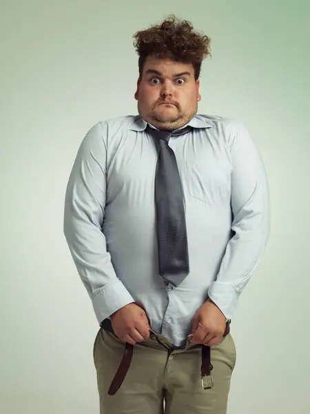 Man Portret Geschokt Met Size Broek Grote Taille Obesitas Overgewicht — Stockfoto