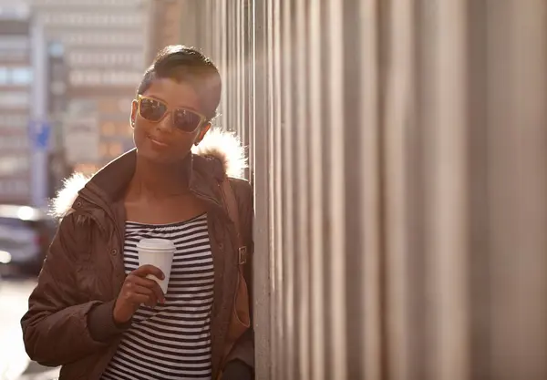 Street Fashion Portrait Woman Coffee Outdoor Happy Sunglasses City Adult — Stock Photo, Image