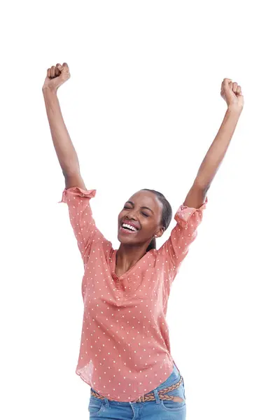 兴奋的黑人女人和庆祝在演播室为成功 胜利或成就举起双臂 好消息或加成的人在白人背景下被隔离 — 图库照片