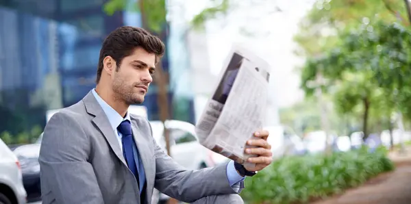 Professional Businessman Reading Newspaper City Information Daily News Updates Local — Stock Photo, Image