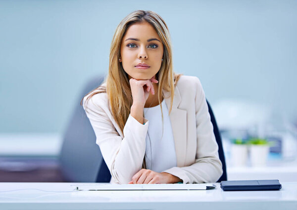 Corporate, portrait and business woman at desk in office for accounting company, financial advisor or employee. Consultant, professional and female person for worker, staff or confidence in workplace.