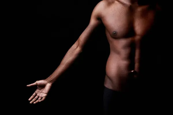 Black Man Body Muscle Fitness Shadow Exercise Workout Dark Studio — Stock Photo, Image