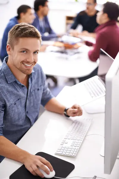 Business Man Computer Working Office Desk Web Development Programming Information — Stock Photo, Image