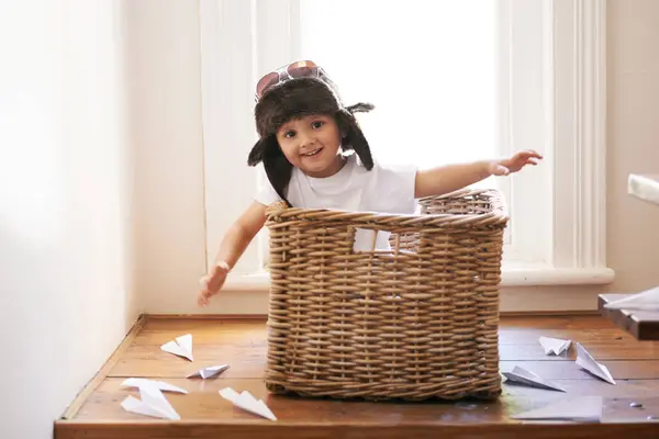 Flying Fun Child Paper Plane Fantasy Imagination Playing Basket Home — Stock Photo, Image